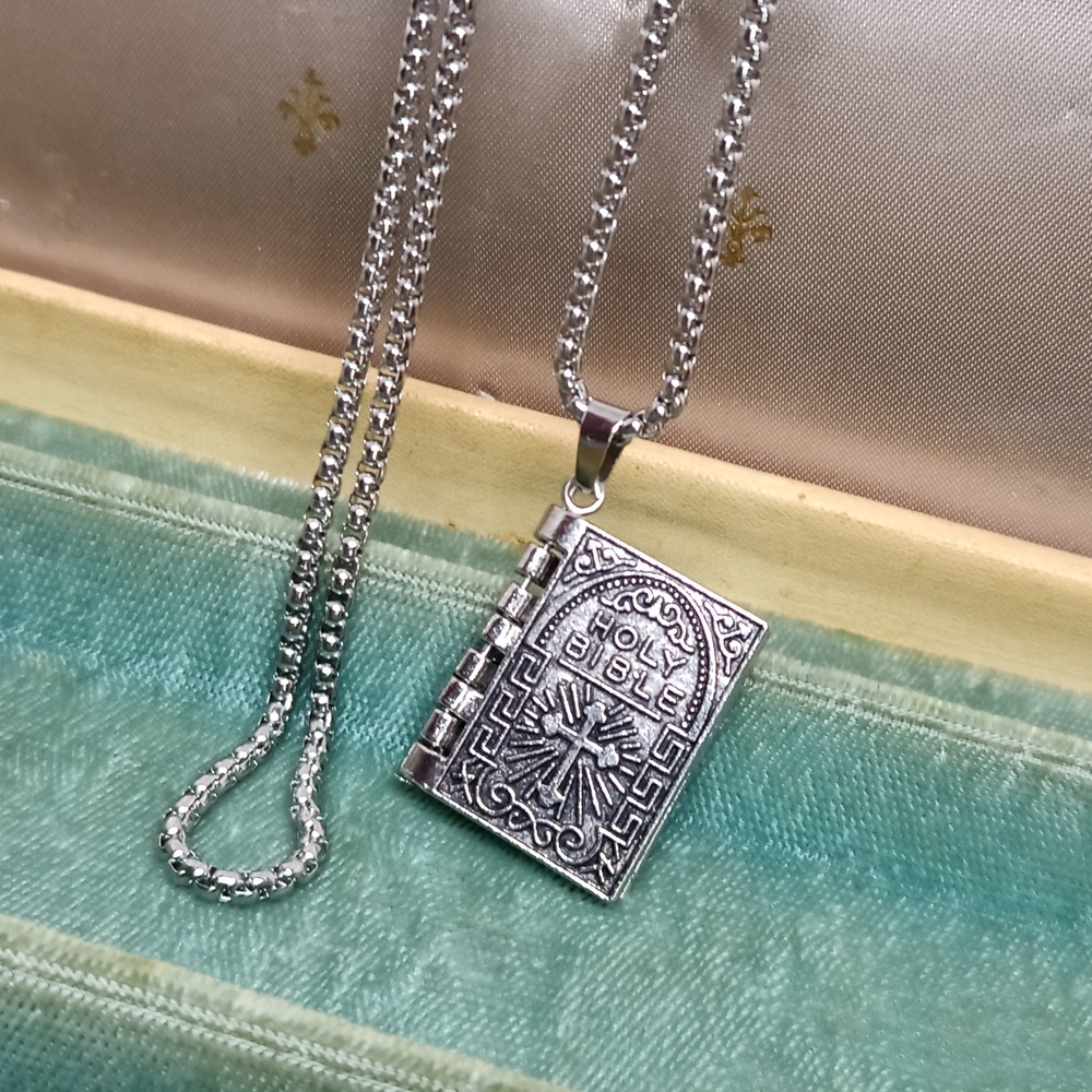 Silver Bible Book Prayer Pendant Necklace